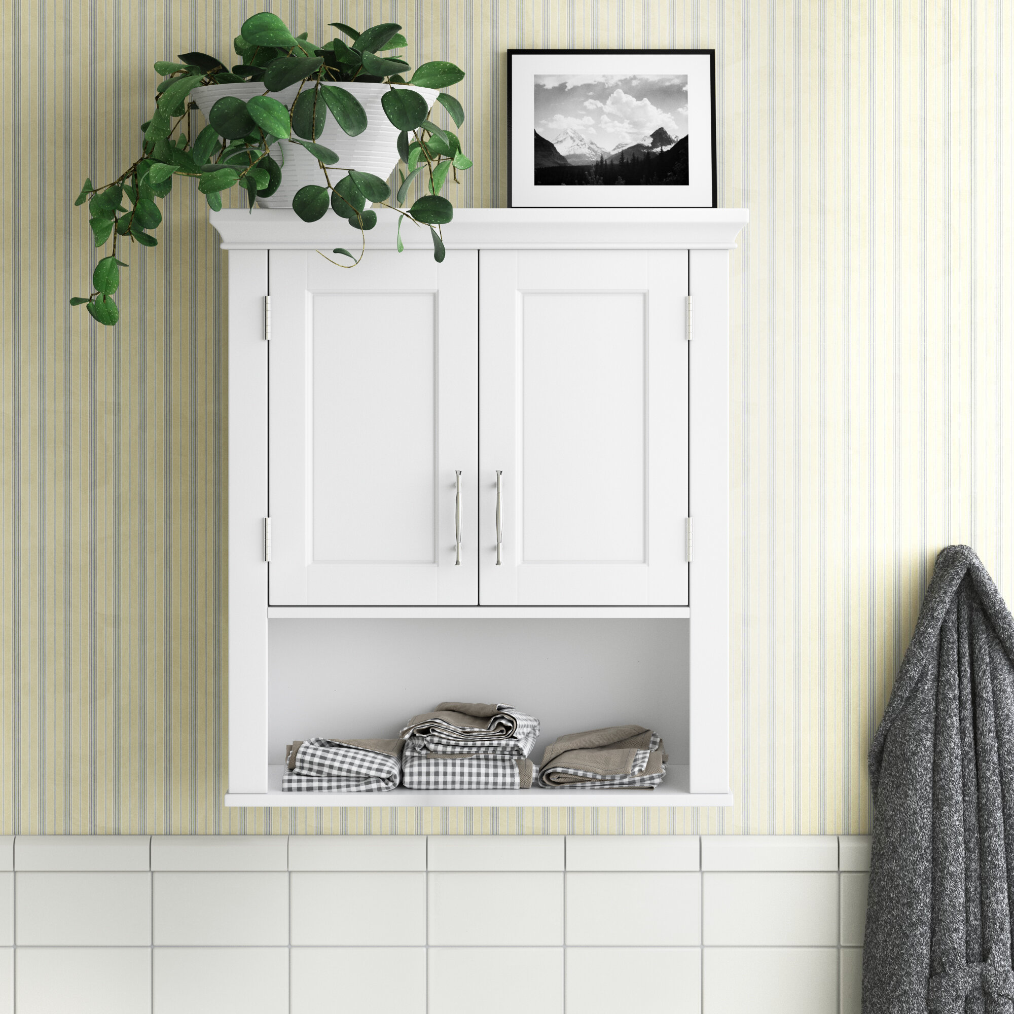 Wall Mount Bathroom Storage Cabinet Kitchen Cupboard Organizer W/Towel Bar White 