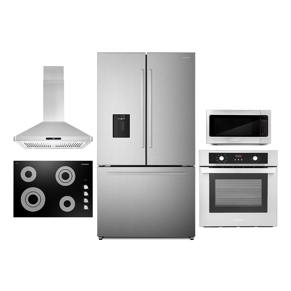 Cosmo 5 Piece Kitchen Appliance Package with French Door Refrigerator , 30'' Electric Cooktop