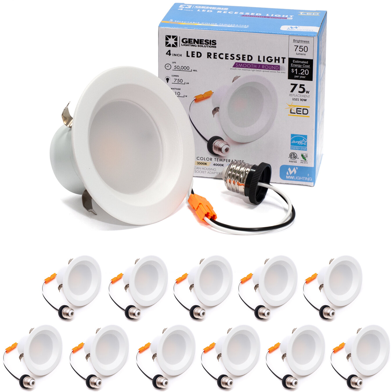 MW LIGHTING 4 Inch 5 Selectable Color Temperature LED Downlight Retrofit  With Smooth Trim, 2700/3000/3500/4000/5000K, Dimmable, 75W Incandescent  Equal, 750LM, Energy Star (12 Pack) | Wayfair