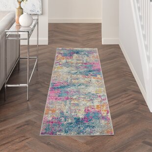 Pastel Blue Pink Runner Rugs for Hallway Soft Low Pile Moroccan Abstract Carpet