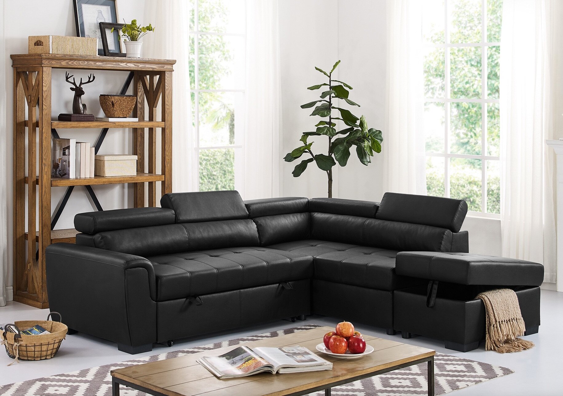 Menomonie 95″ Wide Faux Leather Right Hand Facing Sleeper Sofa & Chaise with Ottoman