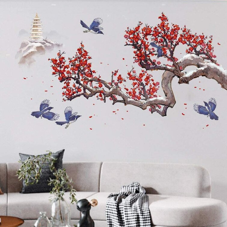 3D Plum Blossom Crane Wall Decal Background Wall Sticker Mural Living Room Decor 
