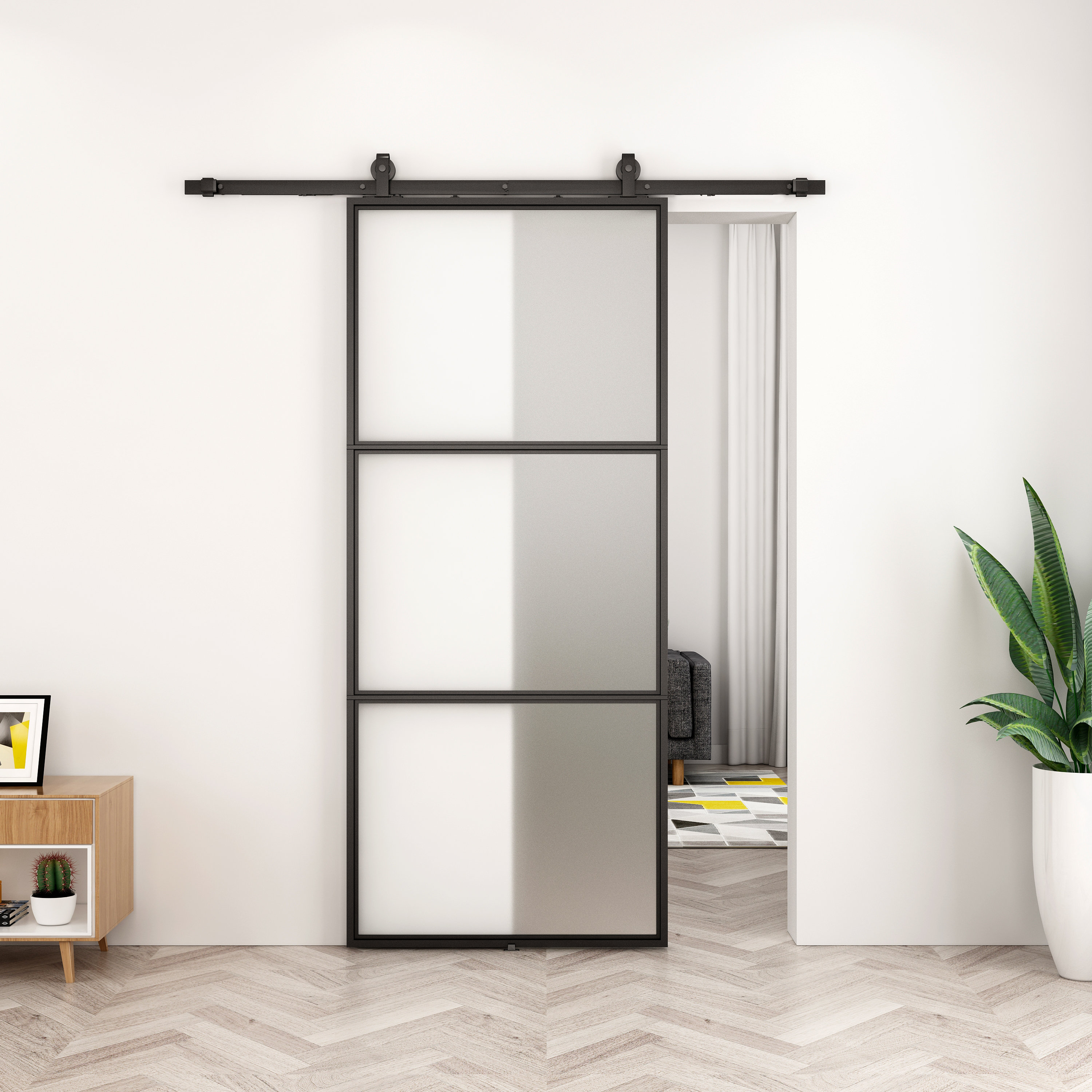 36" x 84" Metal Frame Sliding Black Carbon Steel Tempered Assembly Required (Soft Close Included) Glass Barn Door with Installation Hardware Kit & Reviews | Wayfair
