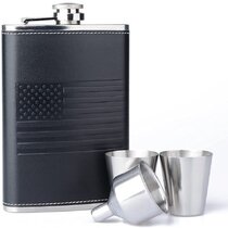 9pcs Engraved Steel HIP FLASK black 6oz in gift box with funnel & 4 shots 