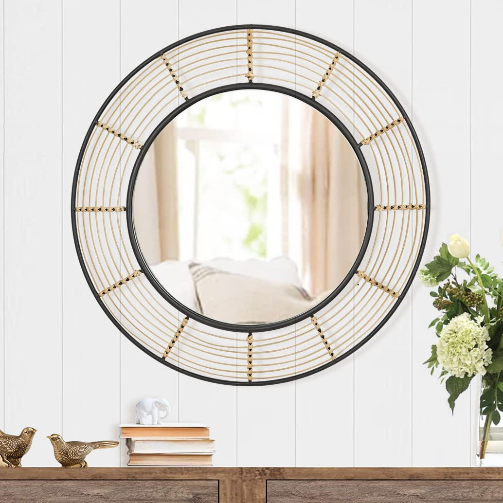 Bayou Breeze 28 Inch Round Rattan Wall Mirror, Black Metal Frame