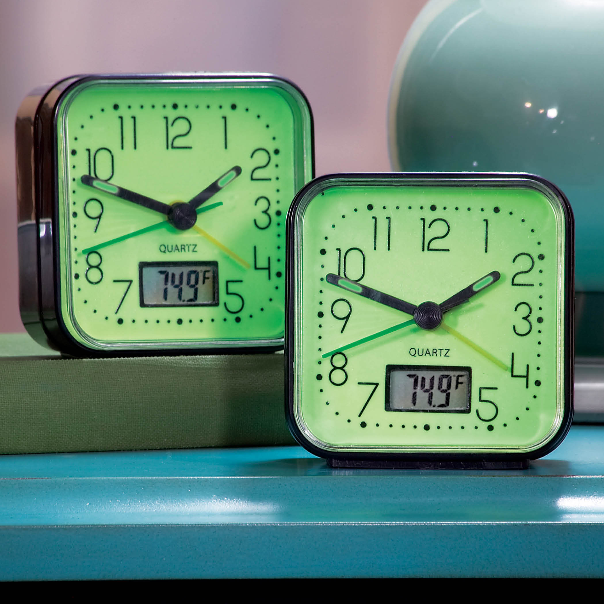 Ebern Designs Analog Mechanical Alarm Tabletop Clock in Black/Green