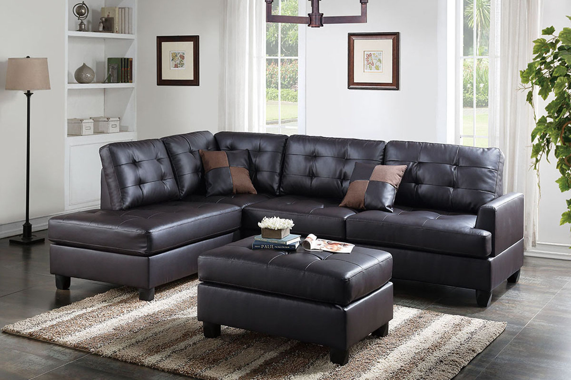 Giuliana 104″ Wide Faux Leather Reversible Sofa & Chaise with Ottoman
