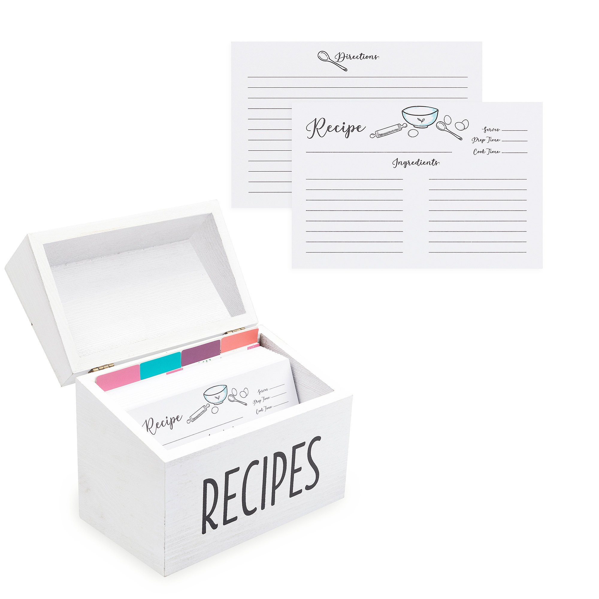 Outshine Co Outshine White Wooden Recipe Box With Cards And Dividers