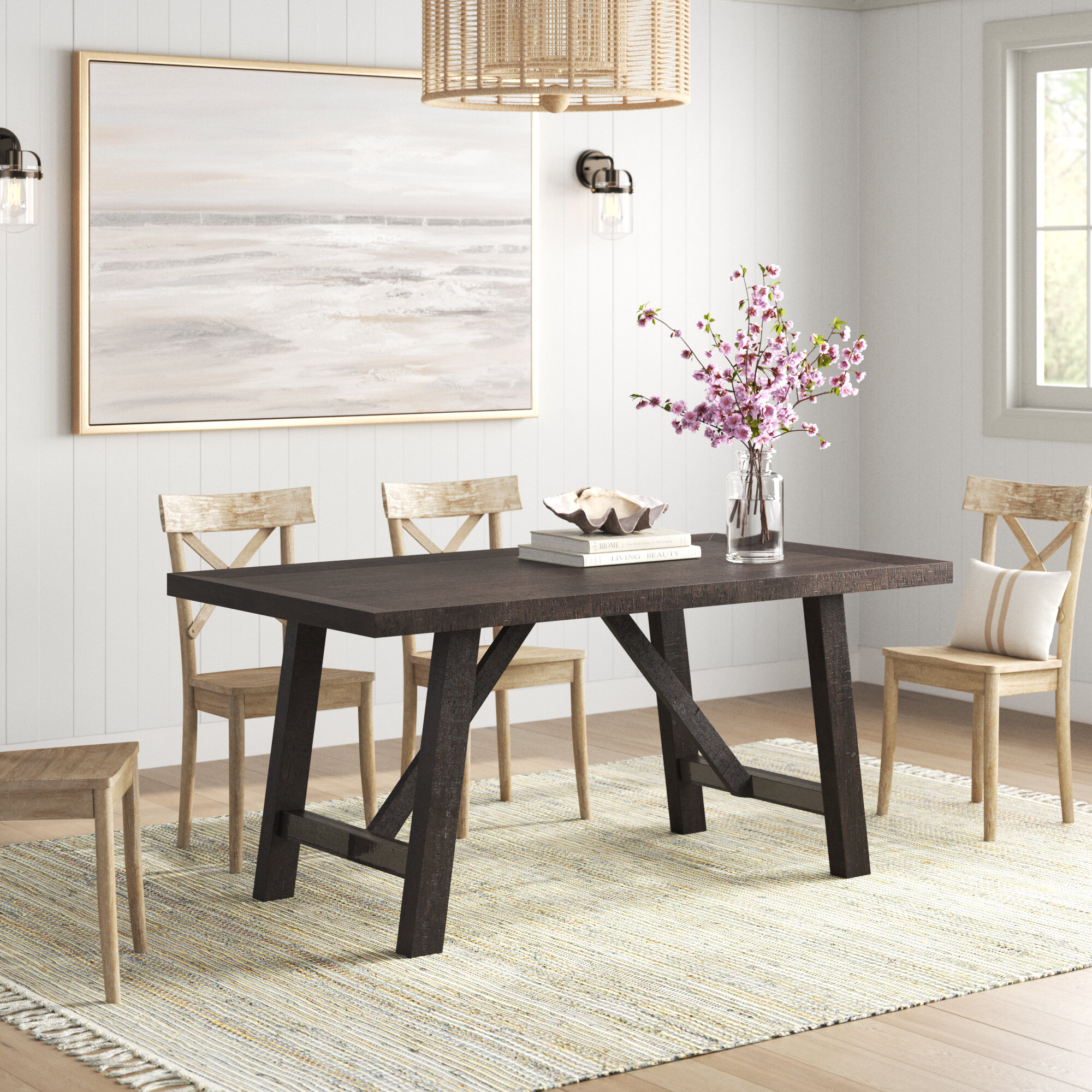 Hover ferry Creep Sand & Stable Ernie 66'' Acacia Solid Wood Trestle Dining Table & Reviews |  Wayfair