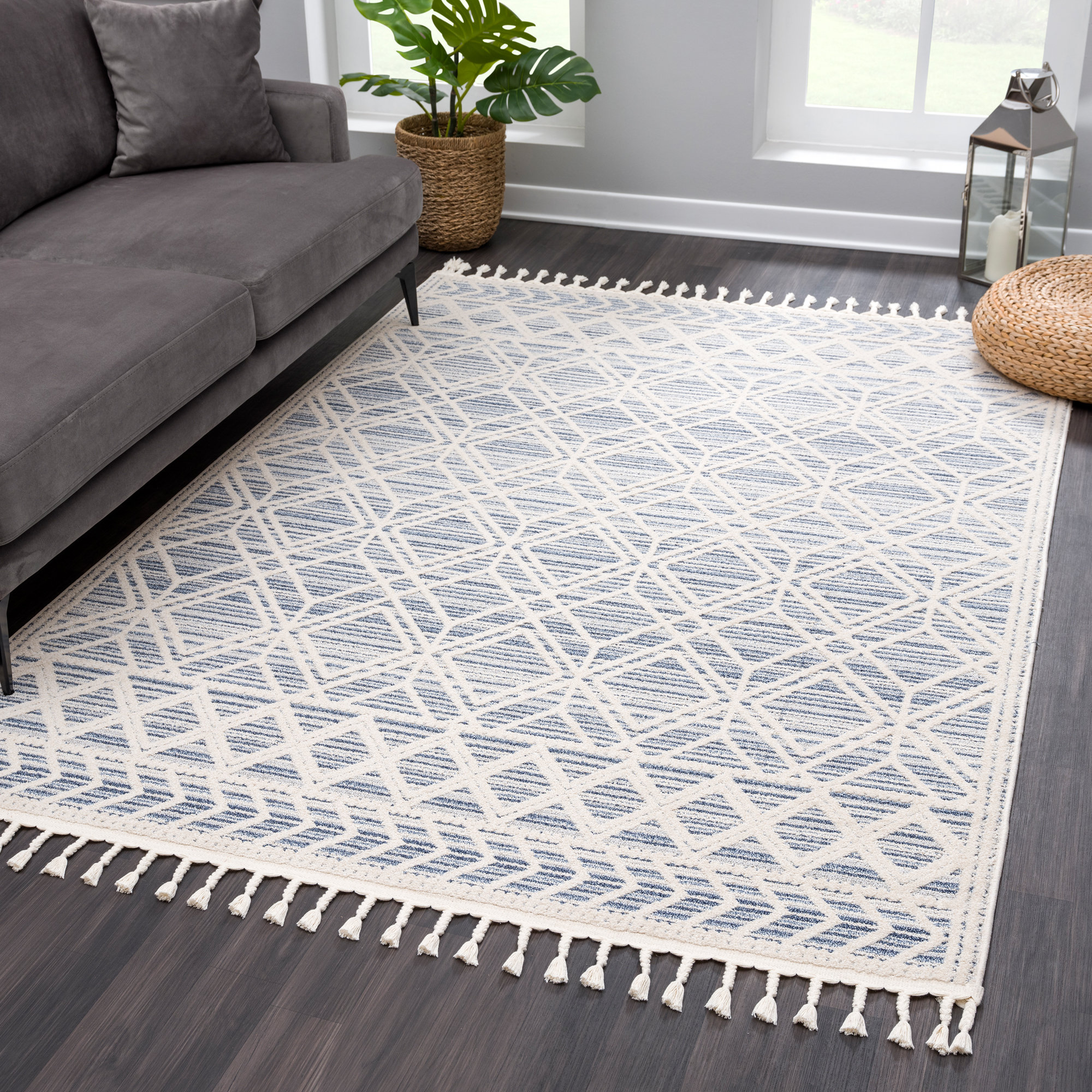Large Short Pile Rug in Grey Beige Tones Morroccan Ornamental Design Carpet 
