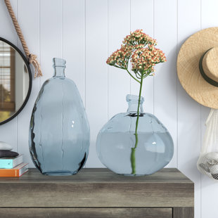 Set of 3 Small Green Tonal Leaf Design Ridged Glass vases 