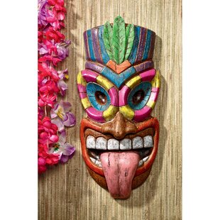 39.5" Handcarved Gold Foil Design Tiki Mask Hawaiian Style with Flowers! 
