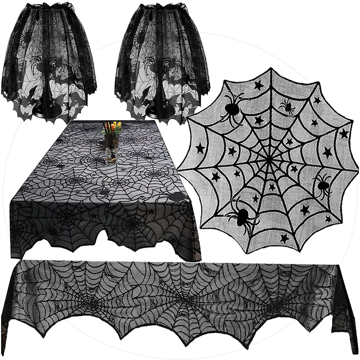 Lace Table Topper Halloween Black Spiders & Bats  30 round 