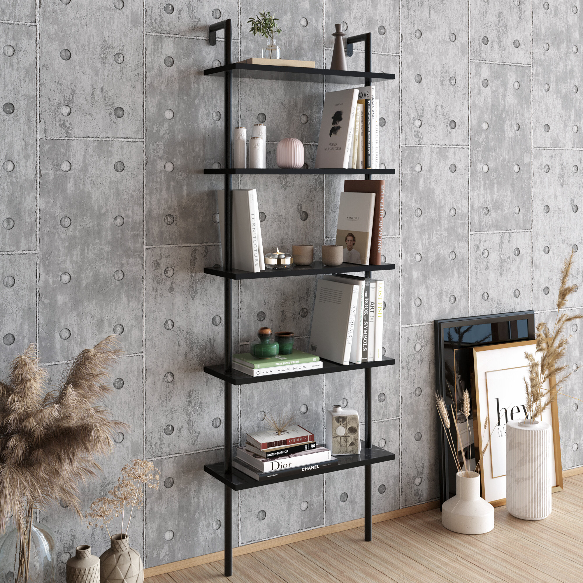 Vintage Bookcase Shelving 5 Tier Wood Metal Gray and Marble Bookshelf 