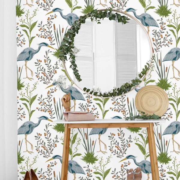 Peel-and-Stick Removable Wallpaper Floral Chinoiserie Silhouette Birds Botanical 