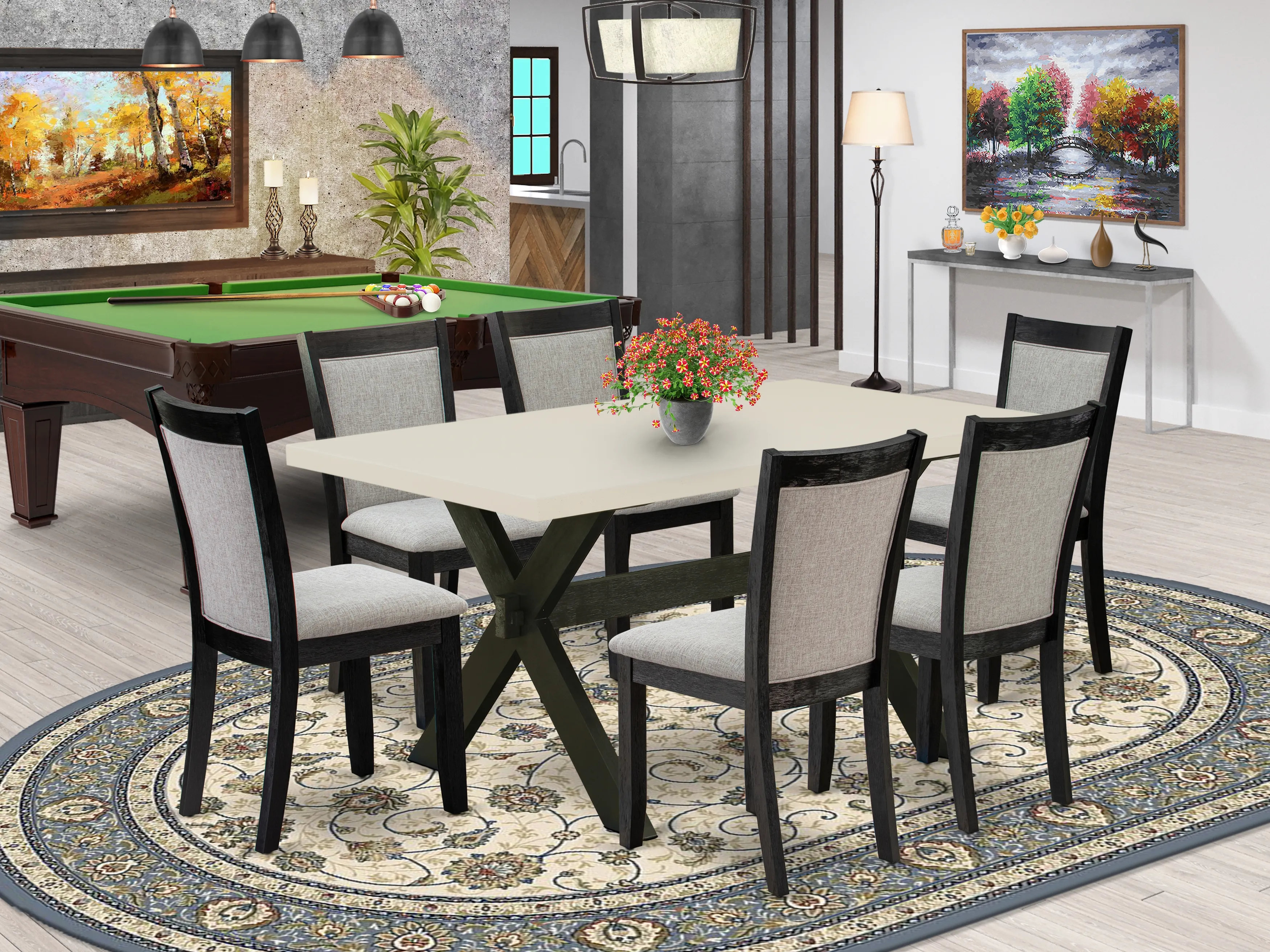Gracie Oaks 7 PC Mid Century Dining Set A Dining Table with Trestle