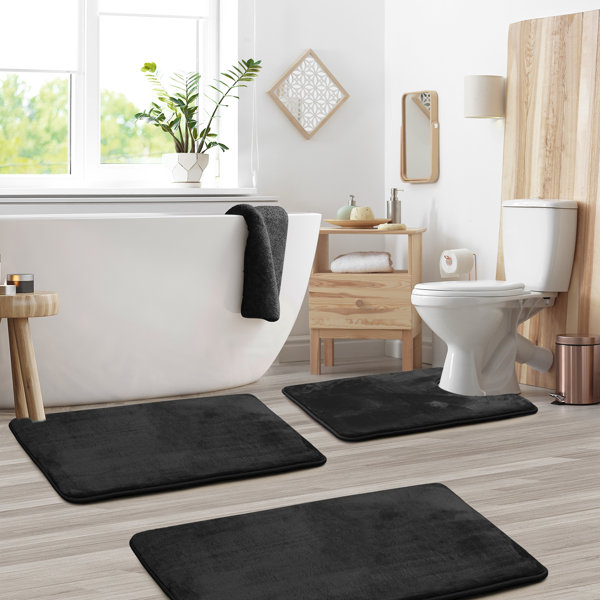 SOFT LOOP DESIGN BATH SET 2 Pcs Non Slip Pedestal Mat Toilet Bathroom Rugs Black 