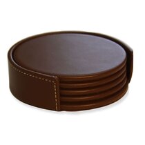 Leather Coasters Set of 5 with Holder,Round Cup Mat Pad for Home and Kitchen Use Brown