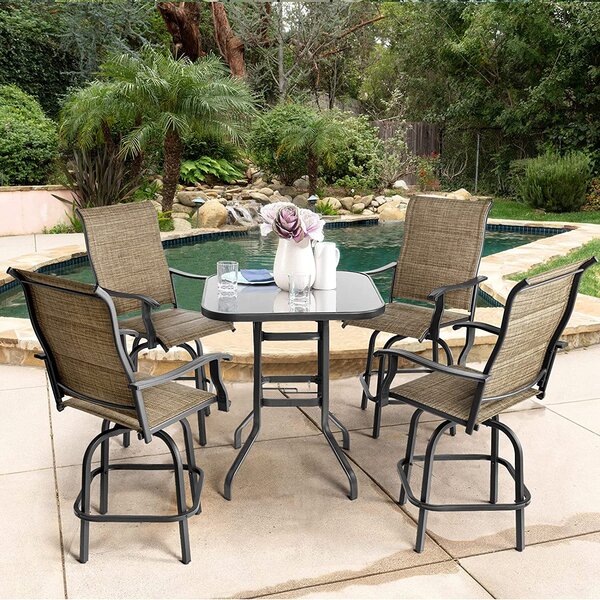Outsunny Rattan Wicker Patio Bar Chair Set UV Resistant Garden Furniture Set Outdoor & Indoor w/Glass & Umbrella Hole Table Brown 