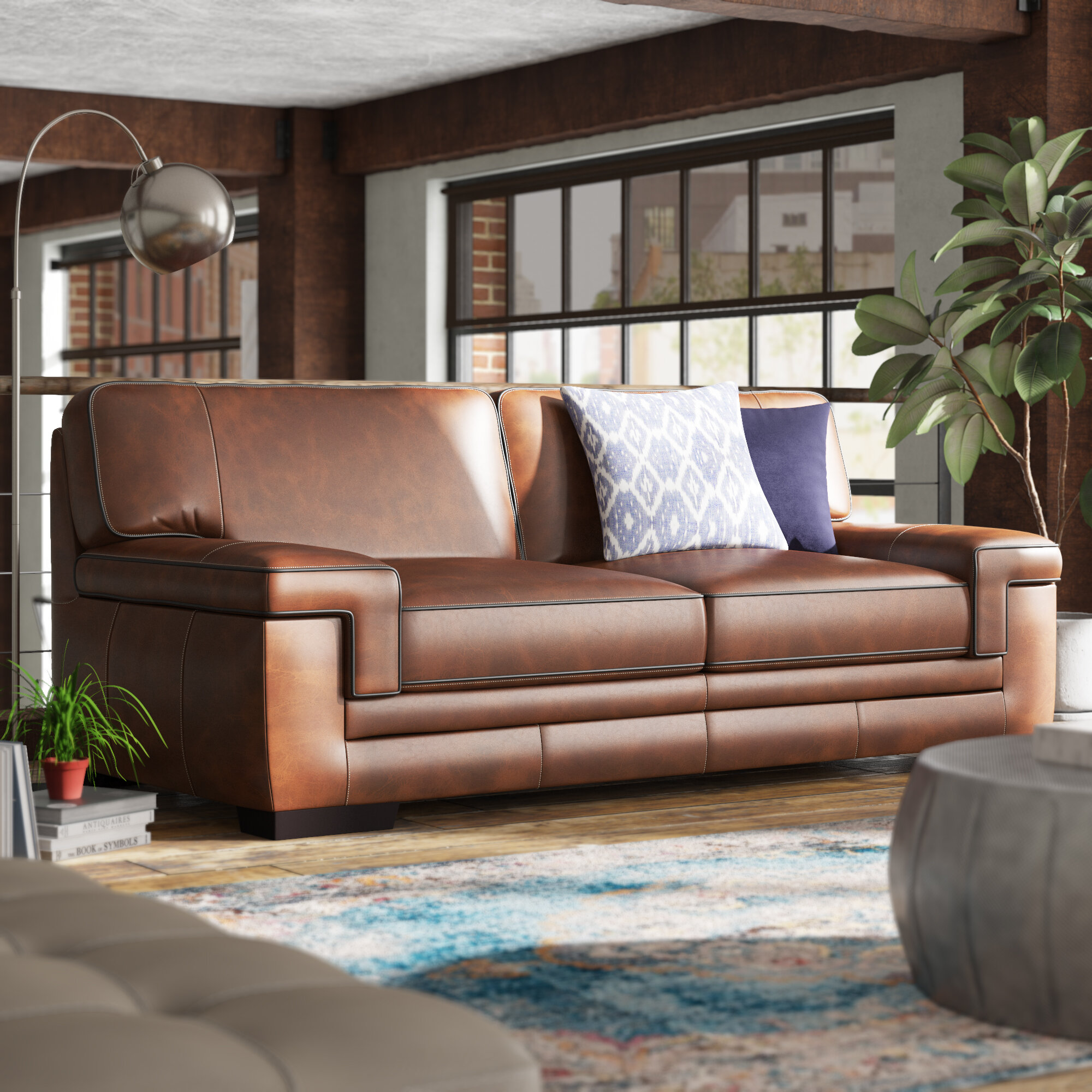 91” Genuine Leather Pillow Top Arm Sofa