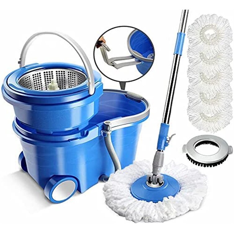 360° Spin Mop Bucket Steel Wringer Set 4 Microfibre Mop Head Spinning Cleaning 