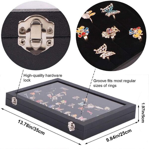 Ring Jewellery Display Storage Box Glass Lid Fits 100 Rings Tray Case Organiser 