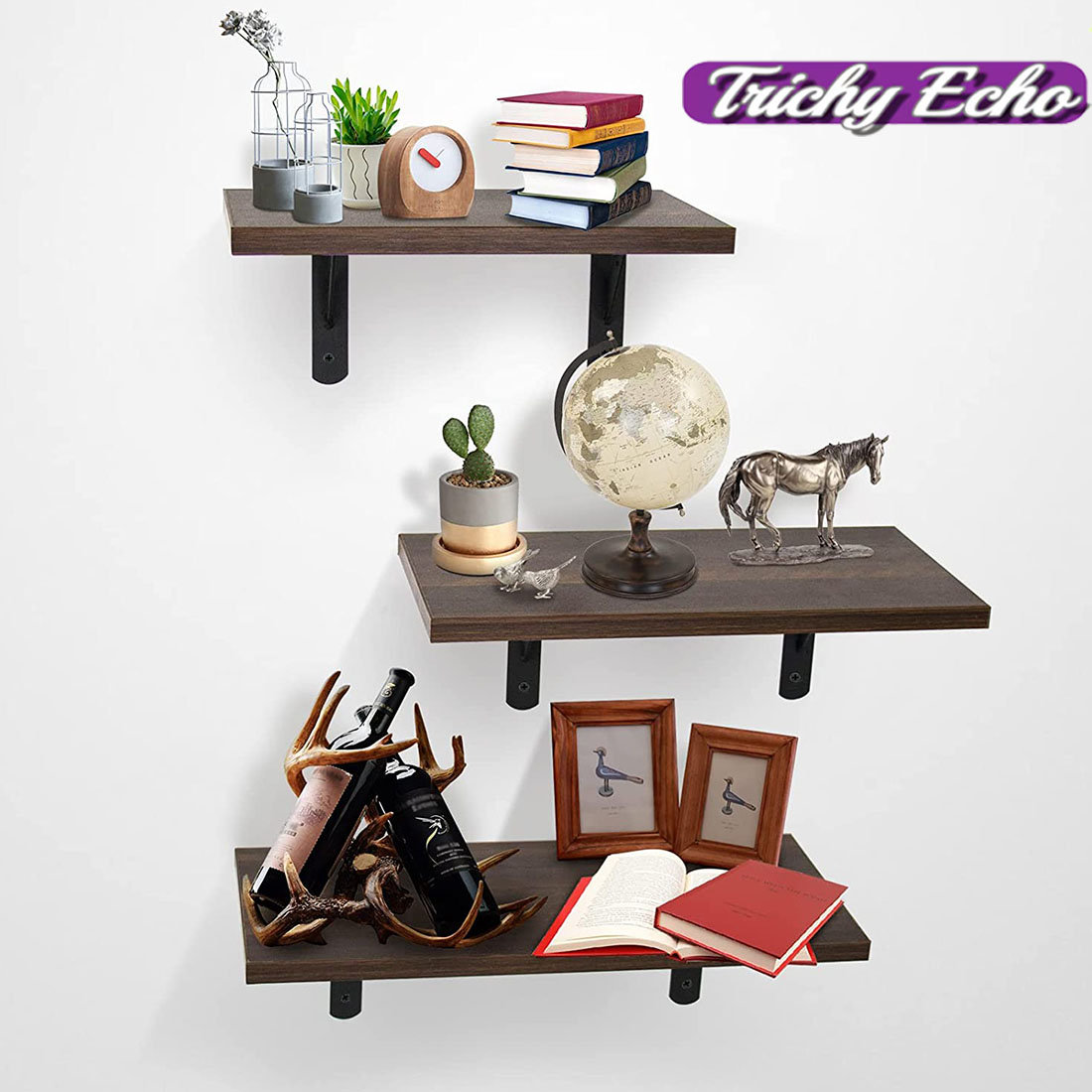 Trichy Echo Floating Shelves Natural Mounted Rustic Wood Set Of 3,Dark