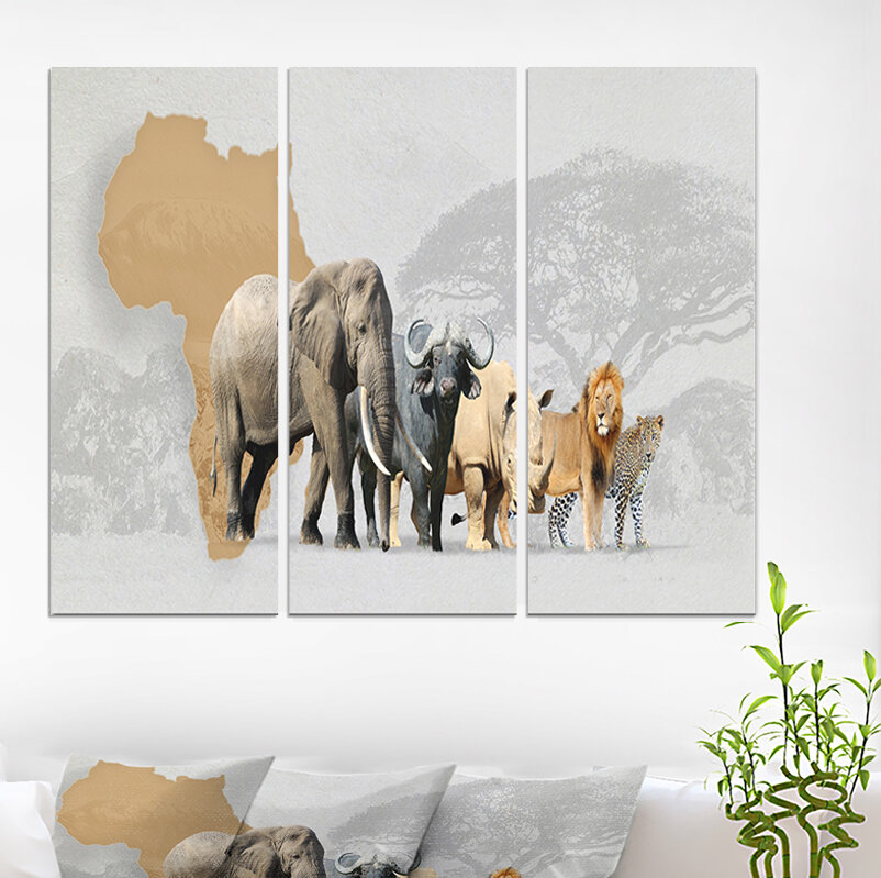 East Urban Home Big Five Animals In Africa - 3 Piece Wrapped Canvas Graphic  Art | Wayfair