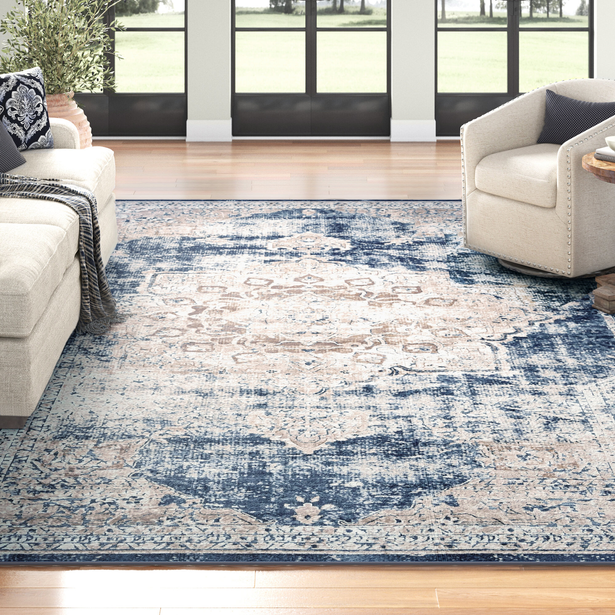 Three Posts™ Landes Oriental Area Rug in Beige/Navy Blue & Reviews