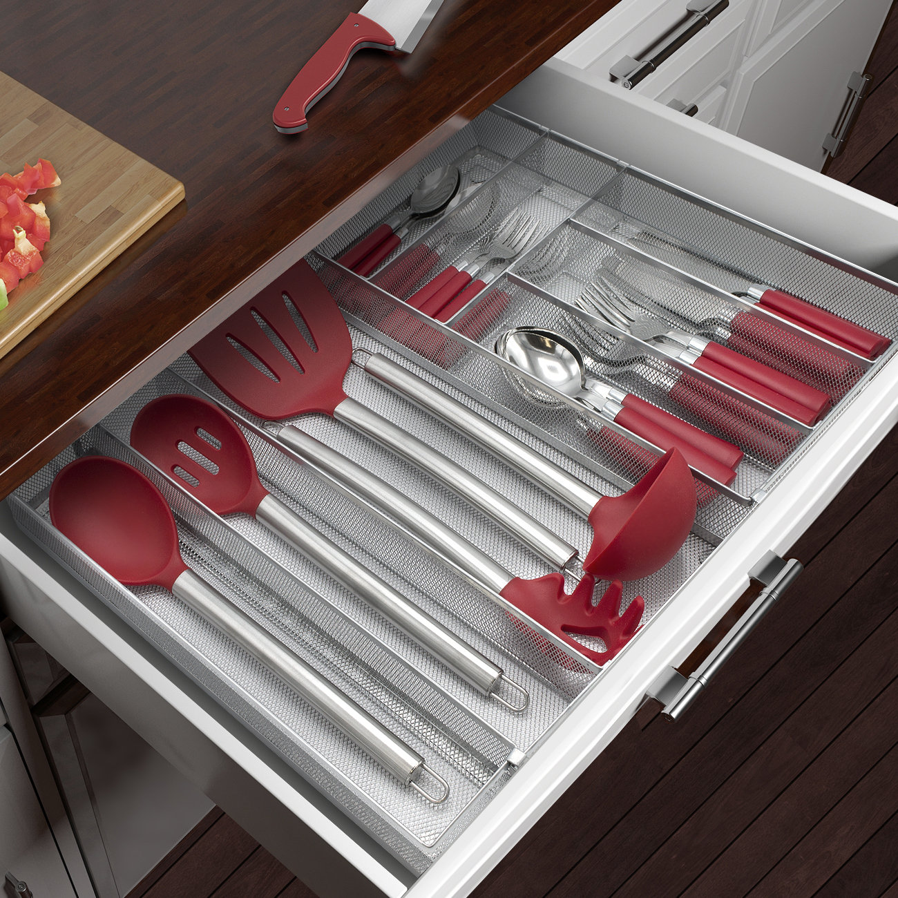 Mesh Silverware Storage Tray NEX Cutlery Tray Kitchen Drawer Organizer Flatware Tray with Foam Feet 6 Compartment 