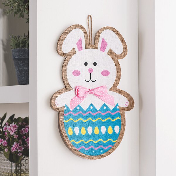 SPRING TIME HAPPY EASTER BUNNY HANGING SIGN HAND PAINTED WOODEN HOME DECOR 