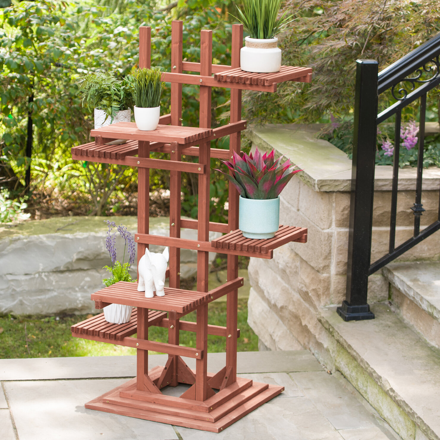 Multi Tier Windmill Flower Shelves Stands for Patio Garden Balcony Yard Wooden Plant Display Suitable for Outdoor & Indoor Use Wood Plant Stand