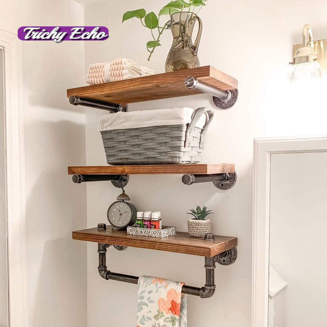 Trichy Echo Industrial Pipe Shelves With Towel Bar Wall Mount Rustic