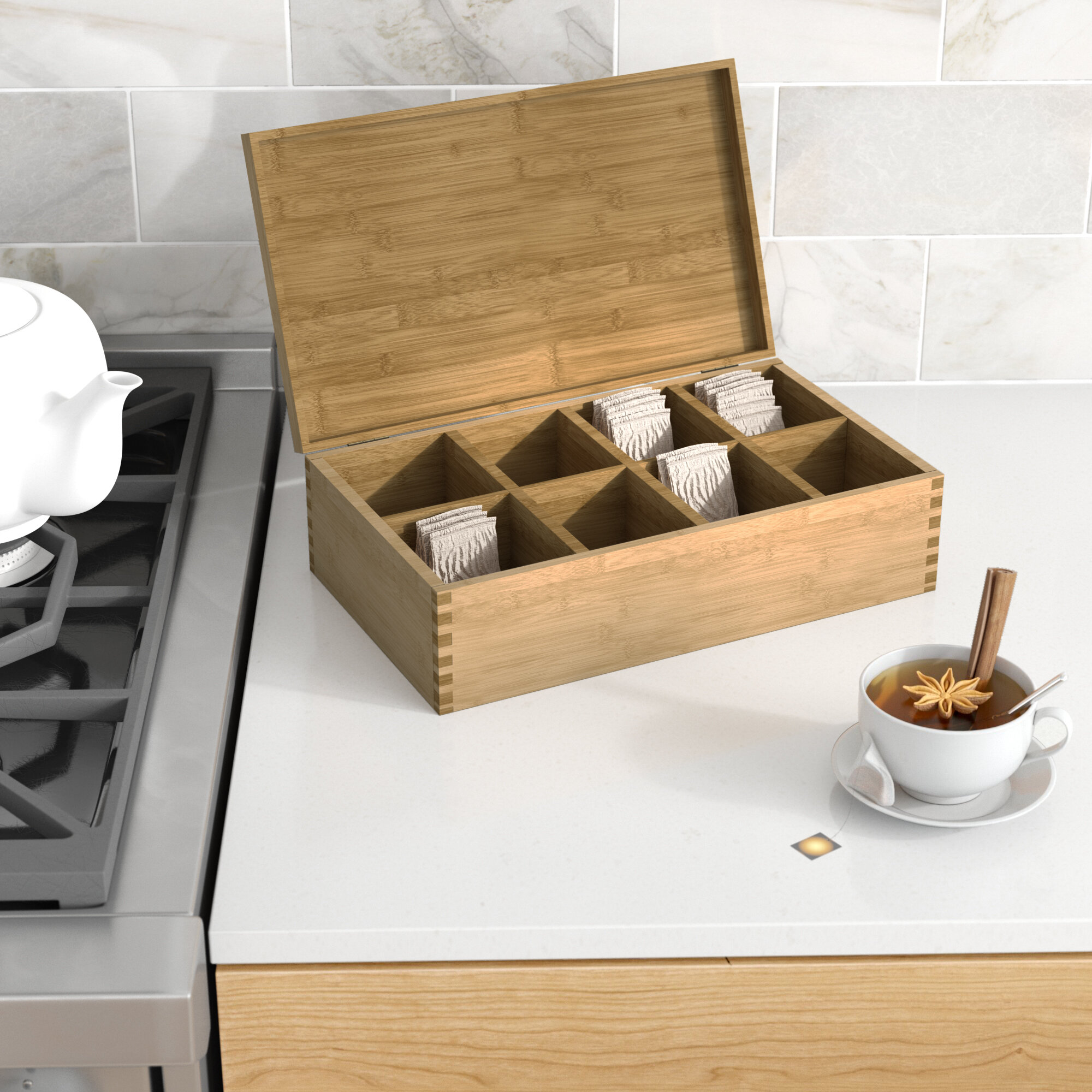 for Kitchen Tea Creamers Sugar Coffee Packets Organizing Tea Chest Storage Box 9-Compartments Wooden Tea Bag Holder Tea Organizer with Clear Lid Brown Tea Box 