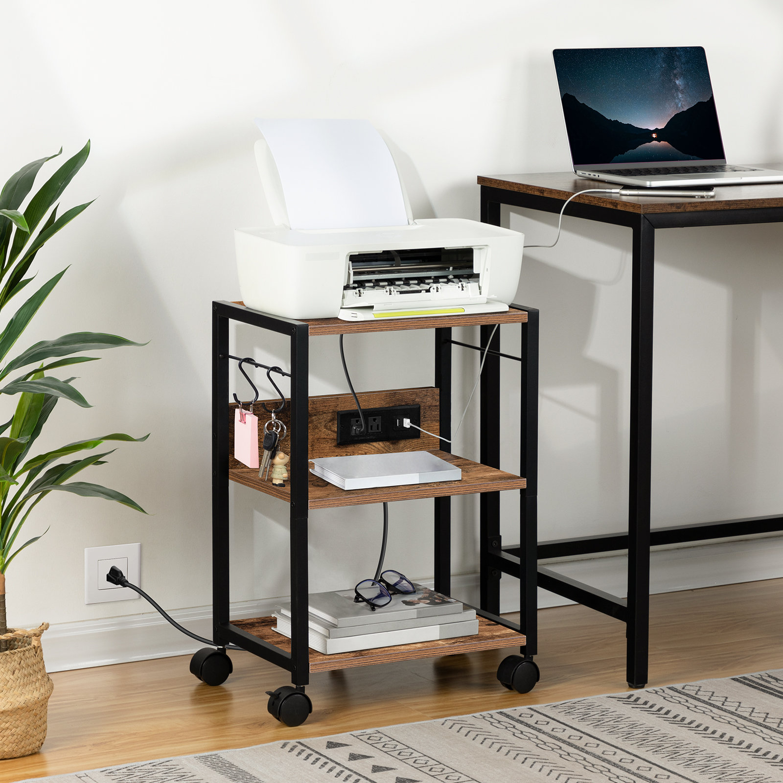 ALLOSWELL 3Tier Mobile Printer Stand with Power Outlets and USB Ports