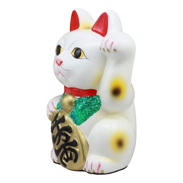 Japanese Lucky Charm White Beckoning Cat Maneki Neko Money Bank Statue 9.5"H 