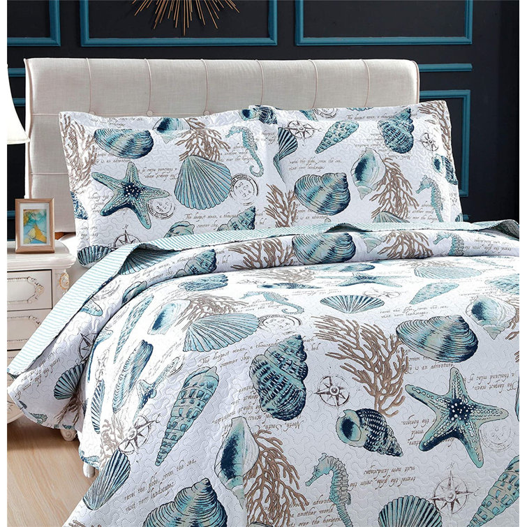 CLEARANCE Blue Ruffled Lightweight Summer Bedspread for Full Size with Ocean 