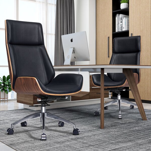 Dark Brown Genuine Leather Office Chair with Aluminum Alloy Base and Frame High-Grade Furniture Computer Desk Chair for Office & Study Mid-Back Classic Executive Adjustable Rolling Swivel Chair