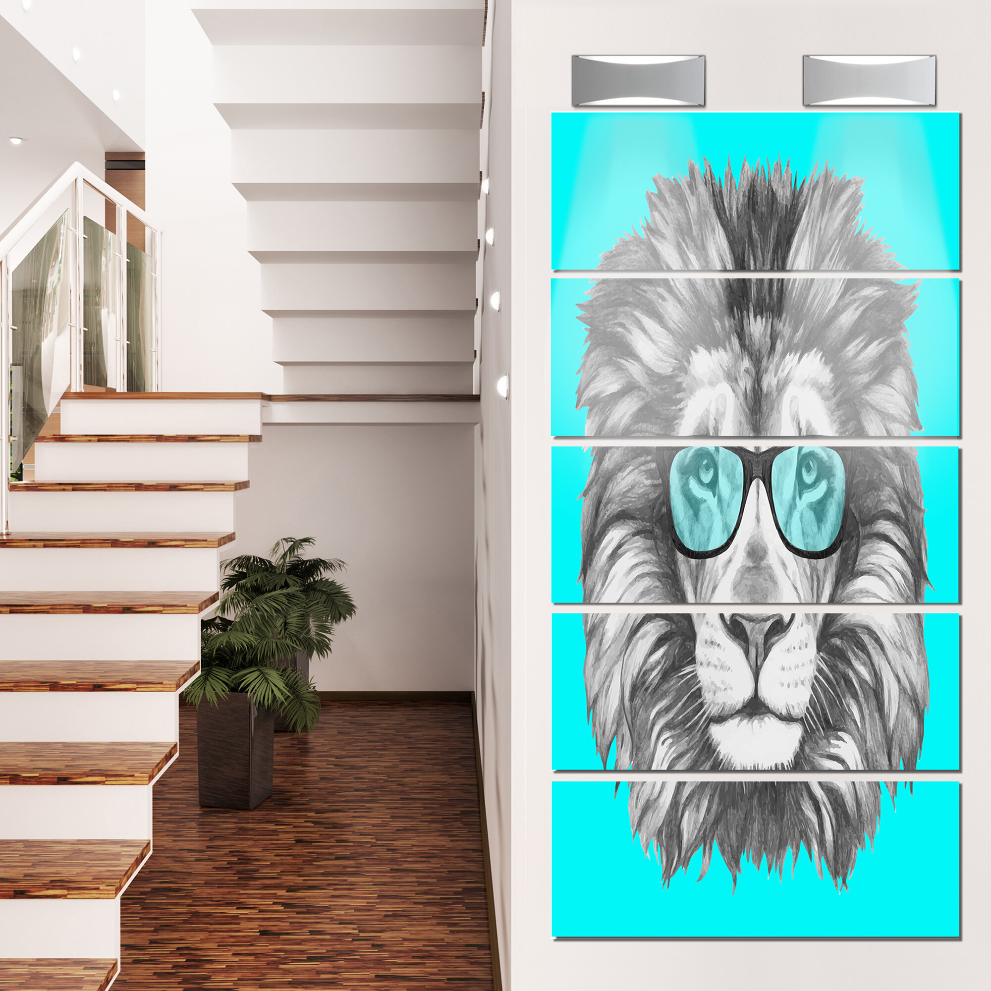 DesignArt Funny Lion With Blue Glasses - 5 Piece Picture Frame Graphic Art  on Metal | Wayfair