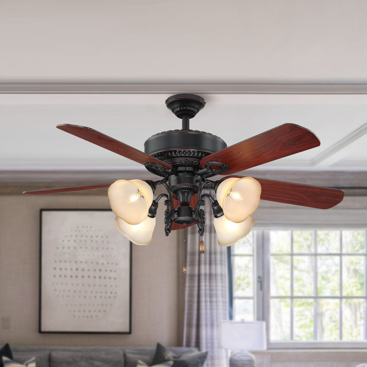 Pull Chain 52in 5-Blade Woodgrain Caged Farmhouse LED Lighted Ceiling Fan 