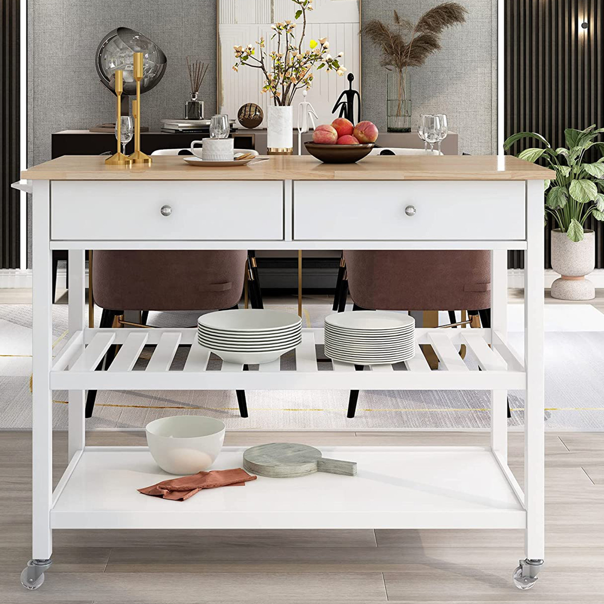 Latitude Run® 43.3'' Wide Rolling Kitchen Island with Solid Wood Top