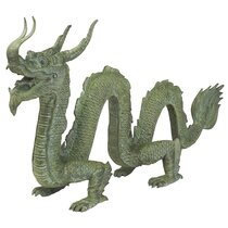 9"L Chinses Lucky Green Money Wealth Double Dragon Statue 