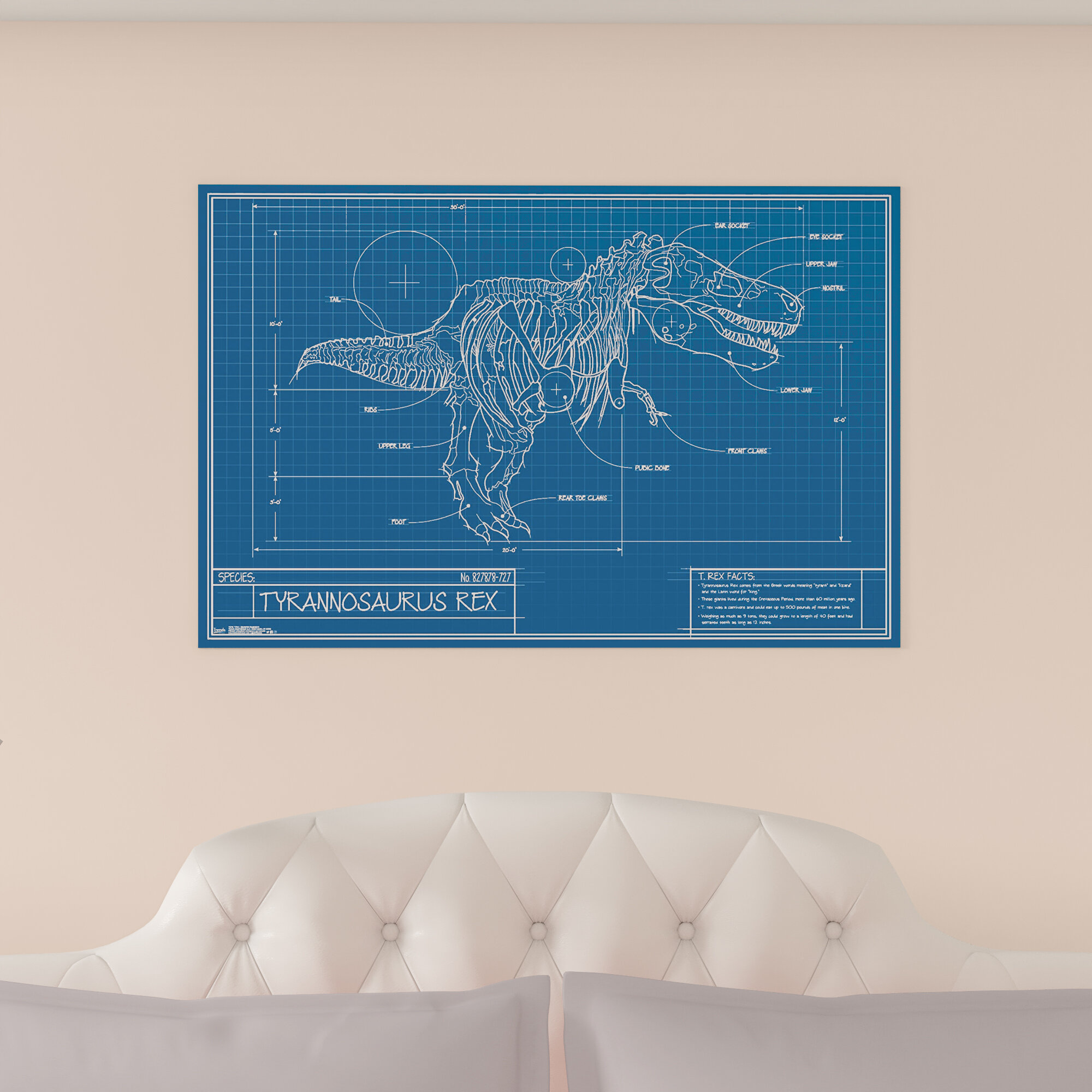 Trule Espinosa T-Rex - Blueprint Illustration Paper Print | Wayfair