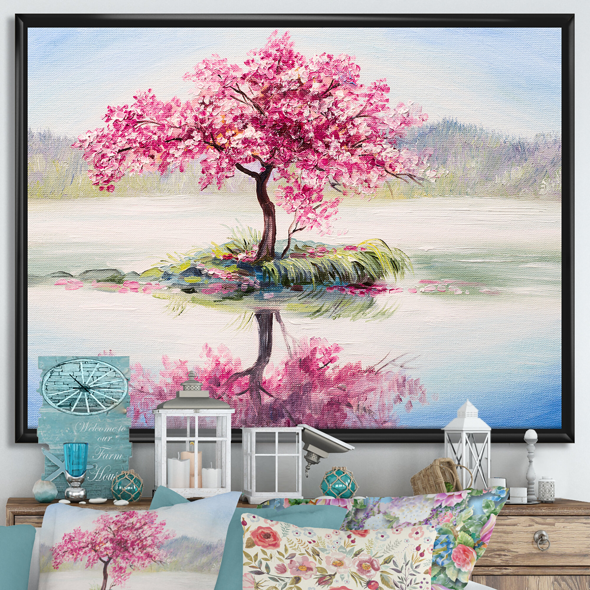 Lark Manor Japanese Cherry Blossom Tree On Little Idyllic Island - Painting  on Canvas & Reviews | Wayfair