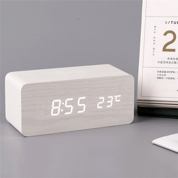 Wooden Style Blue LED Digital Alarm Clock Sound Control Temperature Calendar 