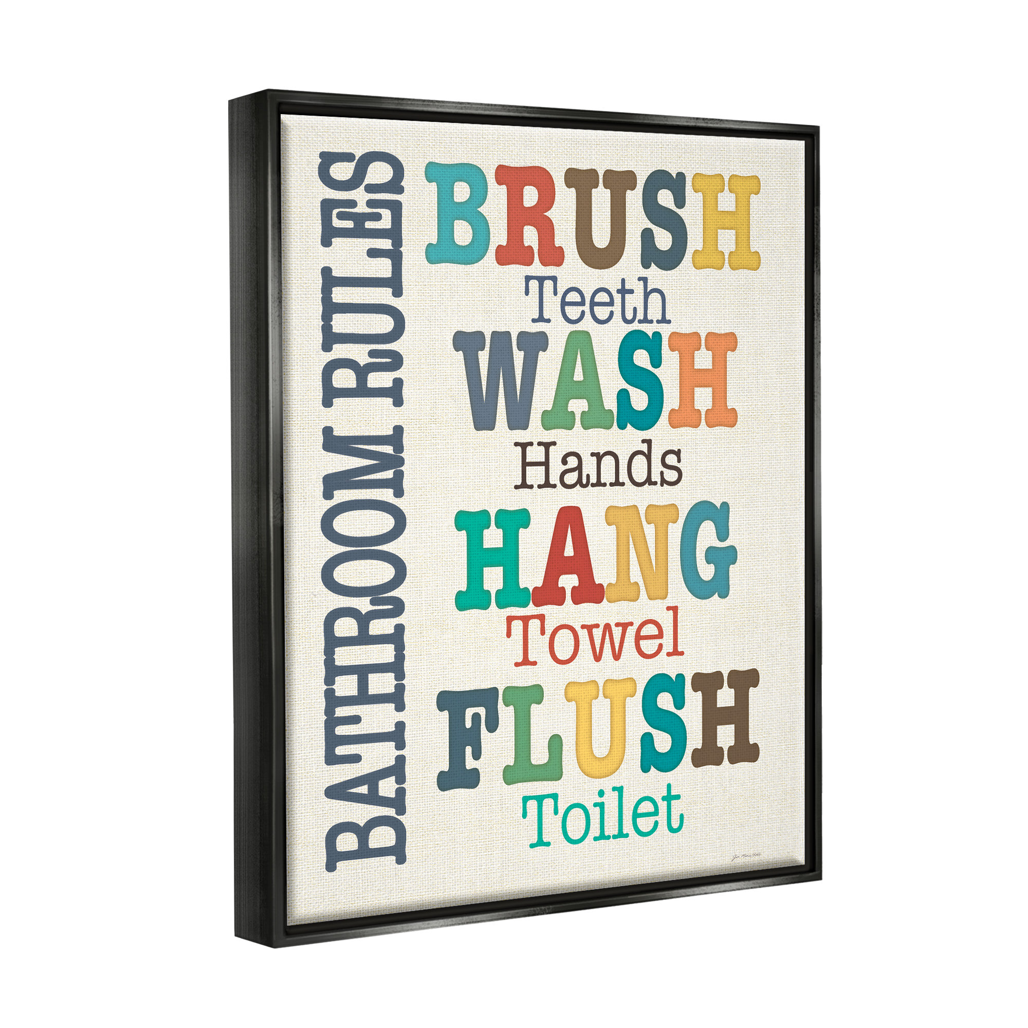 Trinx Colorful Bathroom Rules List Framed On Canvas by Jo Moulton