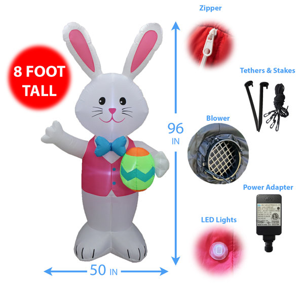 8 Foot Tall East Blue Bow Tie Bunny with Pattern Easter Egg Yard Inflatable