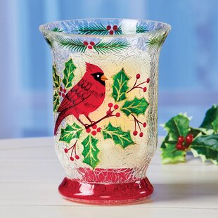 6" Frosted Glass Cardinal Birds in Winter Scene Hurricanne Candle Holder 