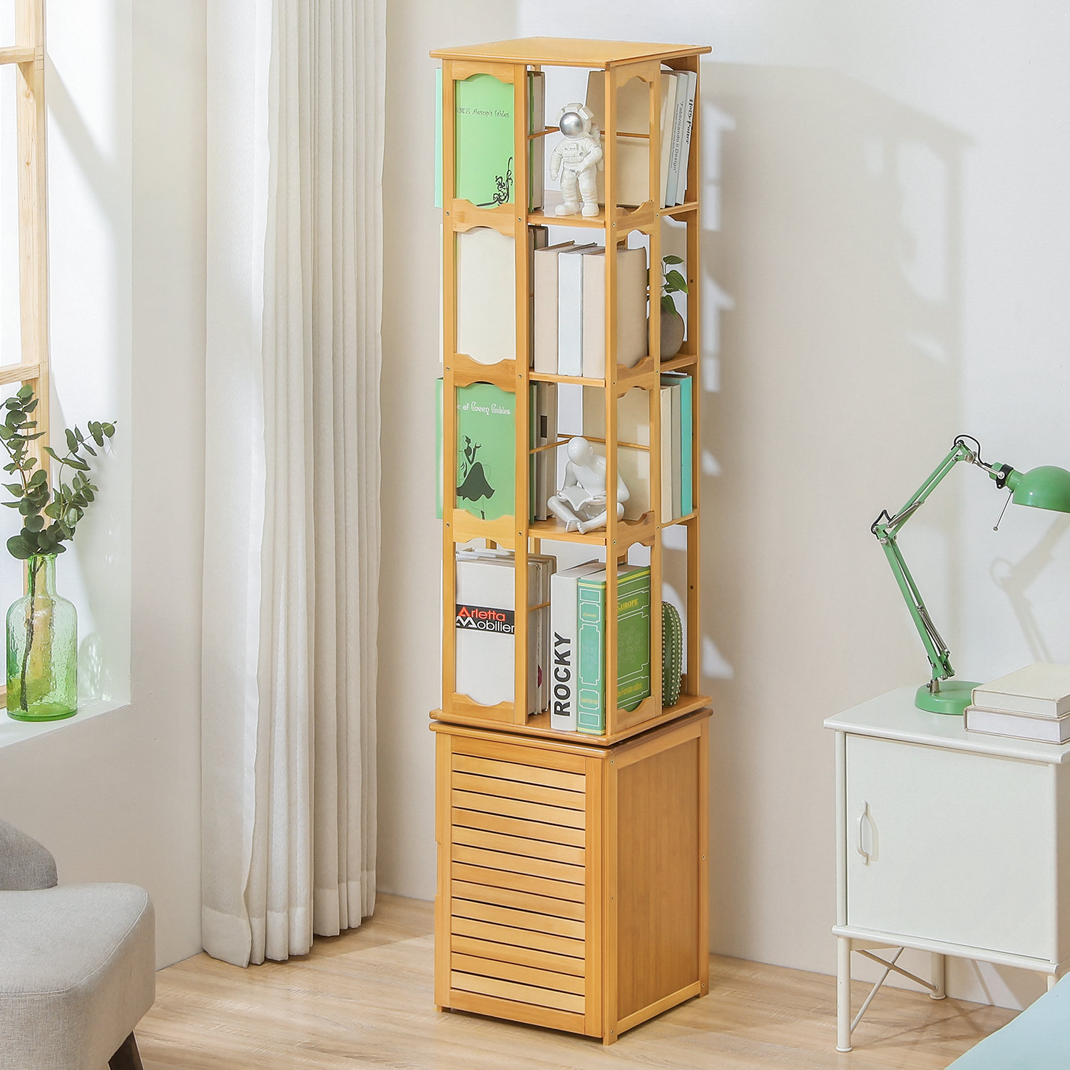 MoNiBloom Bamboo 6 Tiers Open Bookcase with Door, Spinning Bookshelf