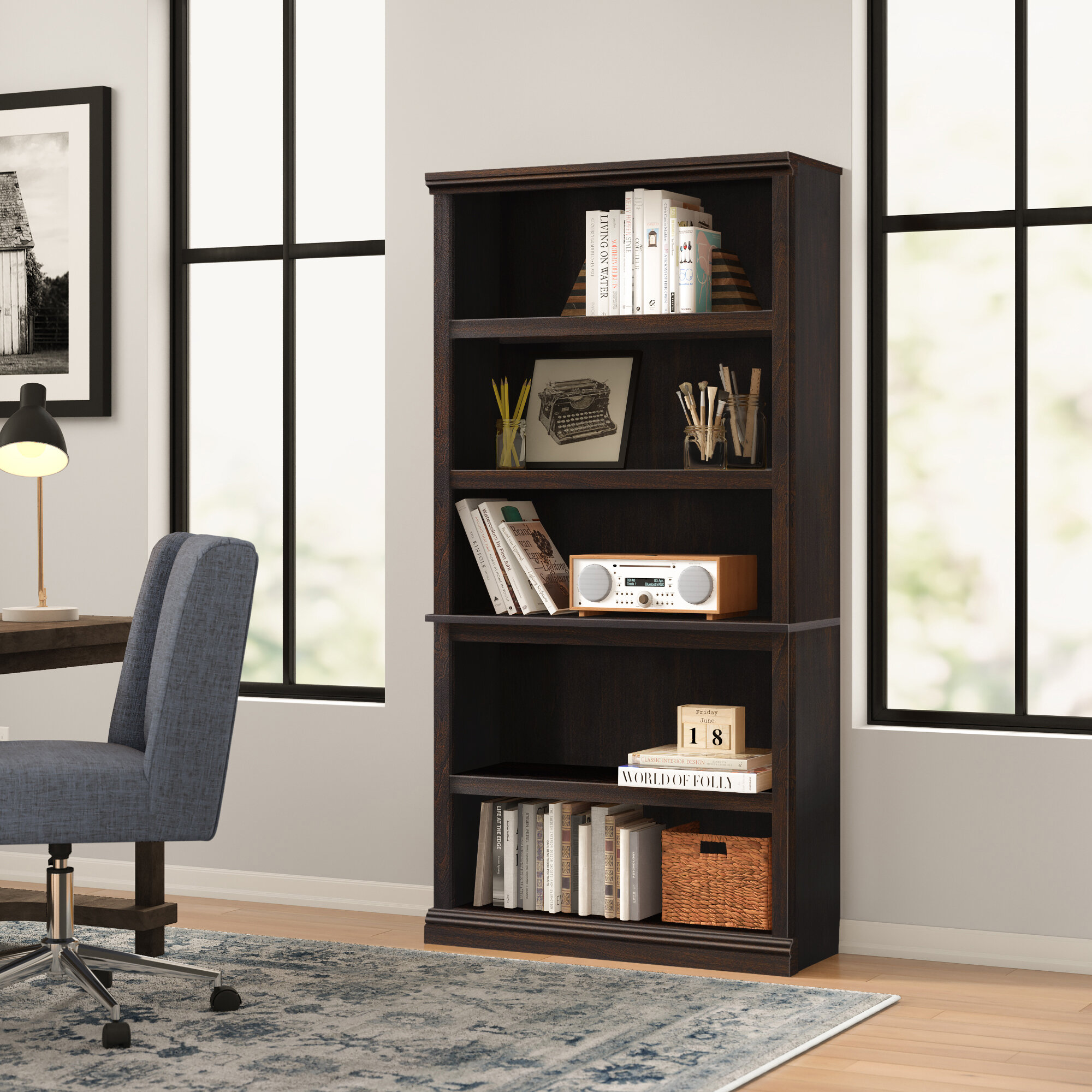 3-Shelf Bookcase Dark Brown Wooden Adjustable Shelves Living Room Office Decor 